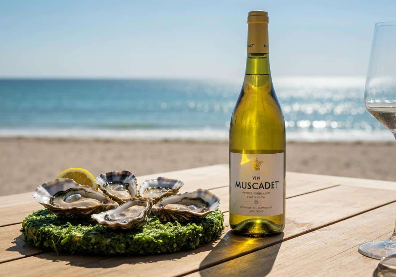 Bouteille de Muscadet sur lie et huîtres fraîches