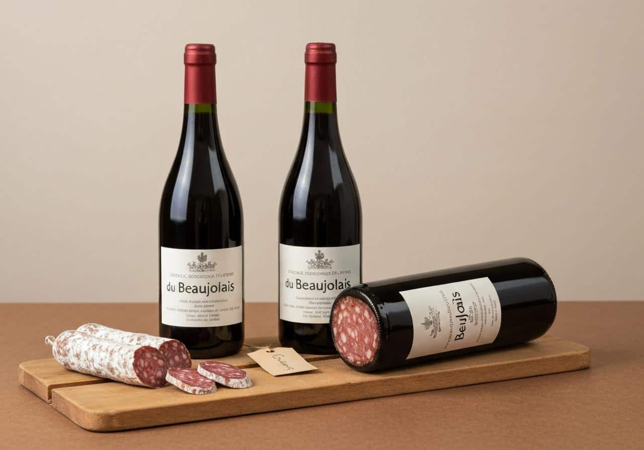 Bouteilles de Morgon et Fleurie sur planche en bois