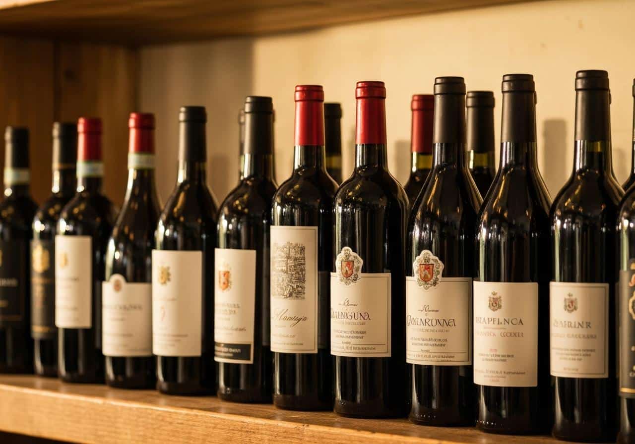 Bouteilles de vin rouge alignées sur fond de bois