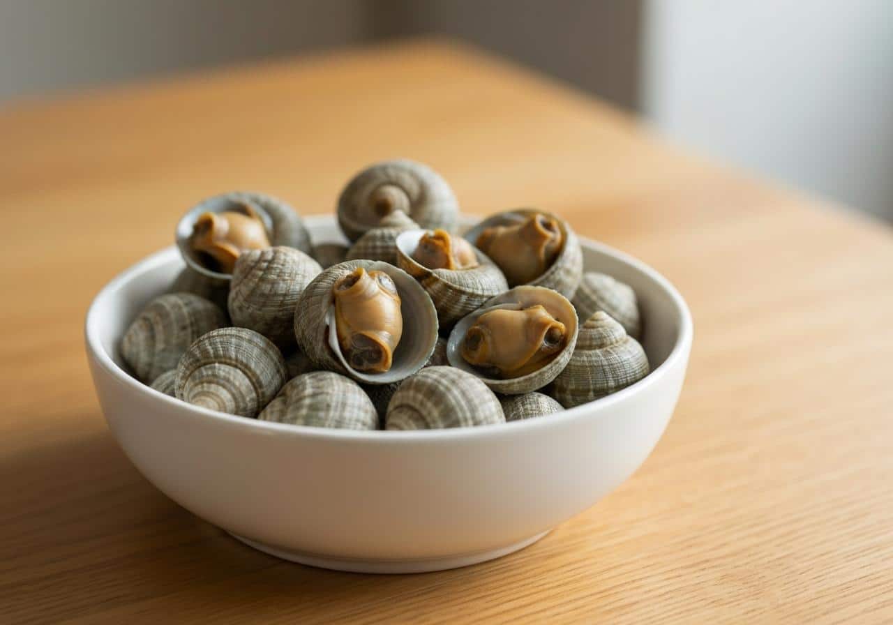 Bulots en coquille dans un bol sur fond de bois
