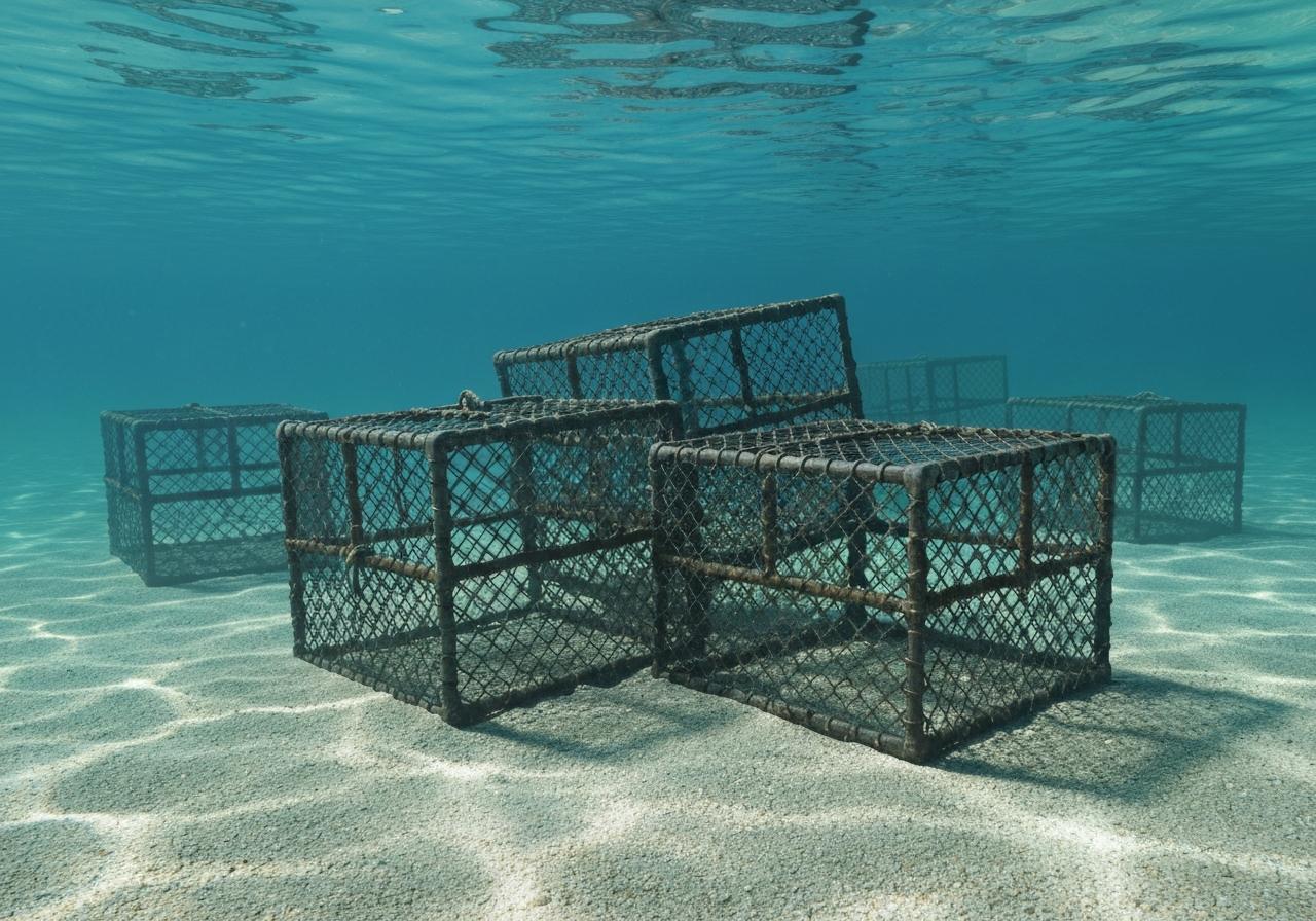 Casiers à bulots posés sur fond sableux en mer