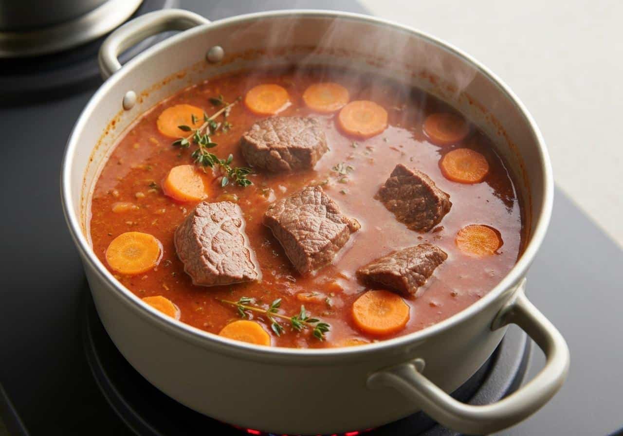 Cocotte en fonte avec bourguignon qui mijote doucement