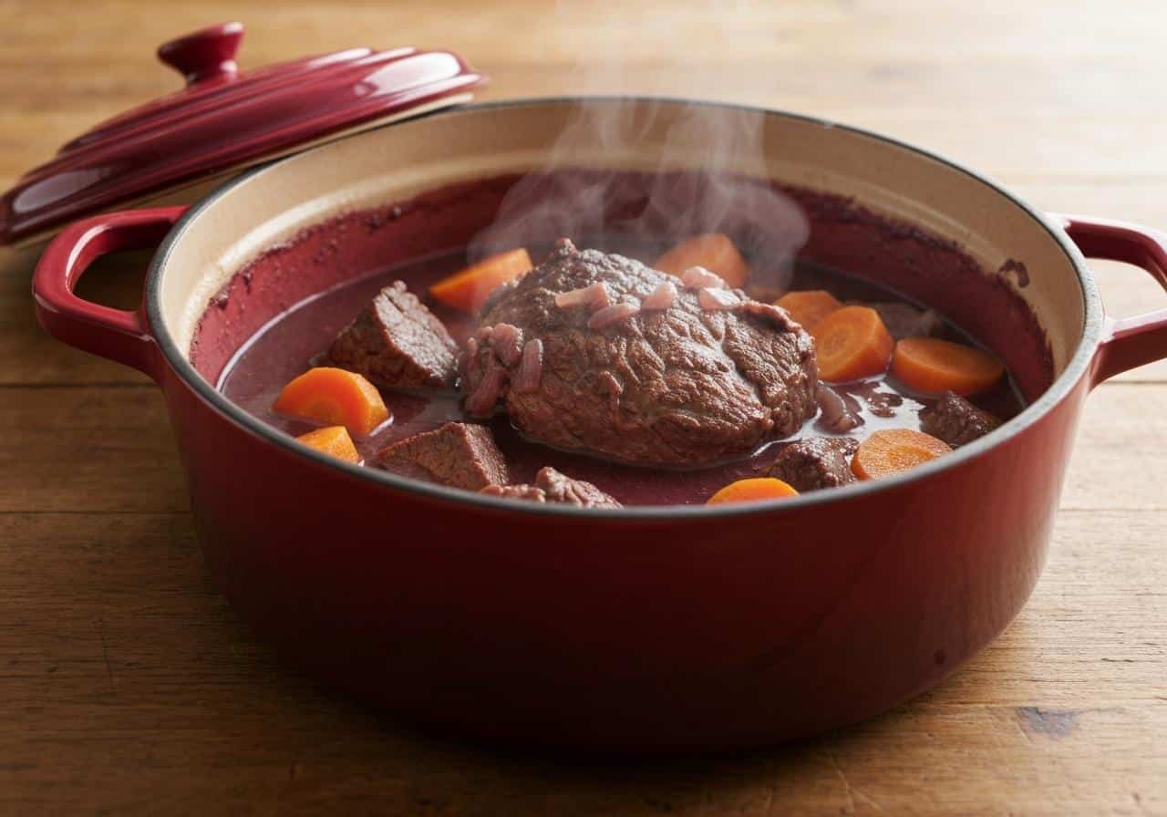 Cocotte en fonte de bœuf bourguignon mijoté au vin rouge