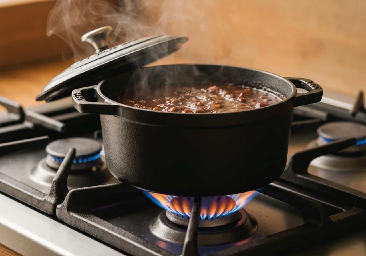 Cocotte en fonte sur feu doux avec sauce mijotant