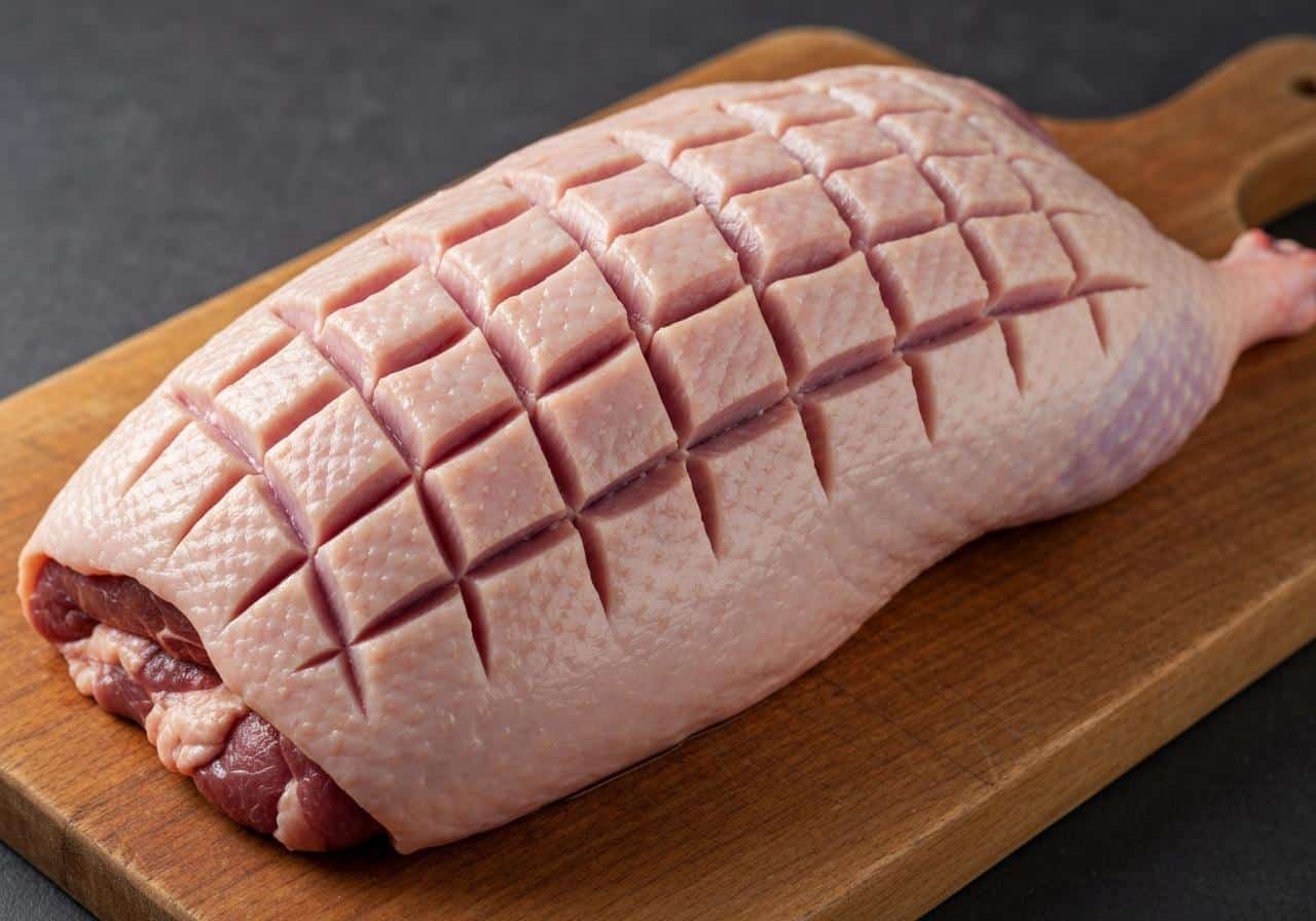 Magret de canard quadrillé sur planche à découper