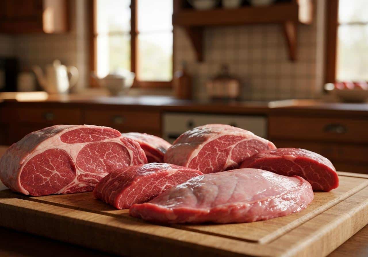 Morceaux de bœuf crus sur planche en bois, bourguignon