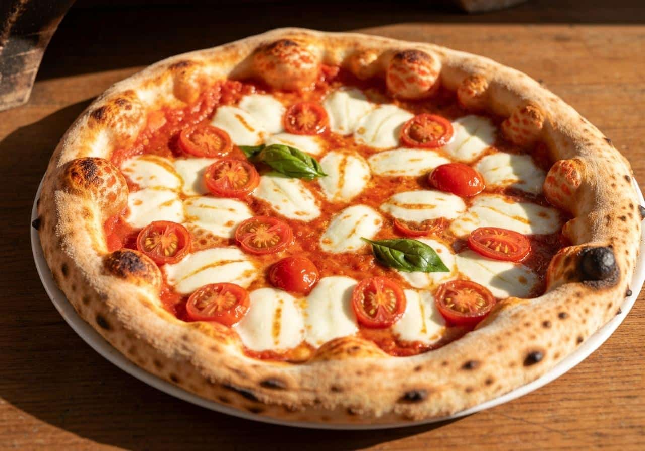 Pizza napolitaine traditionnelle sur plan de travail en bois
