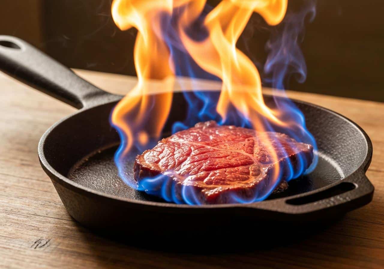 Poêle en fonte avec viande flambée et flammes