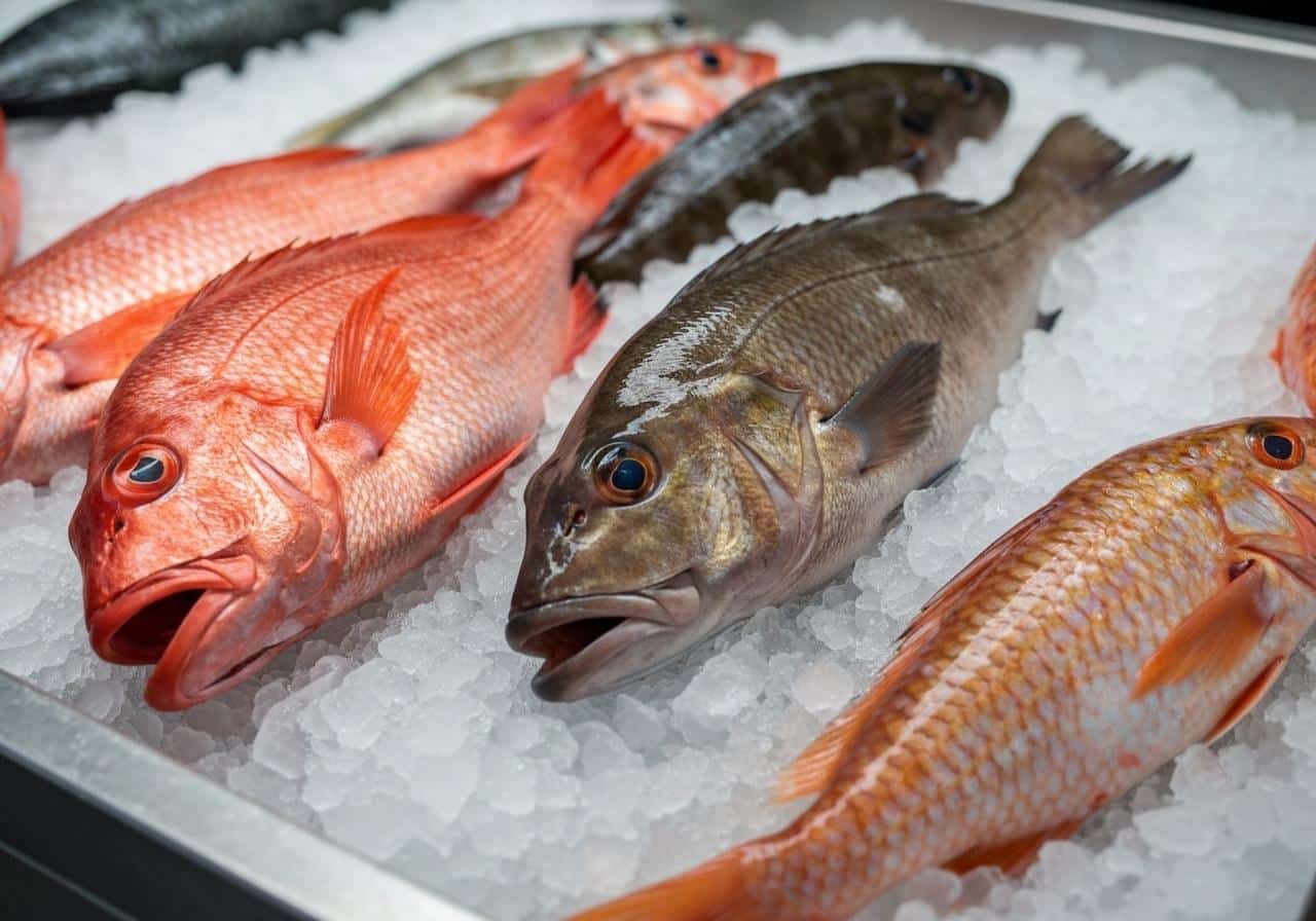 Poissons de roche frais sur étale de poissonnier