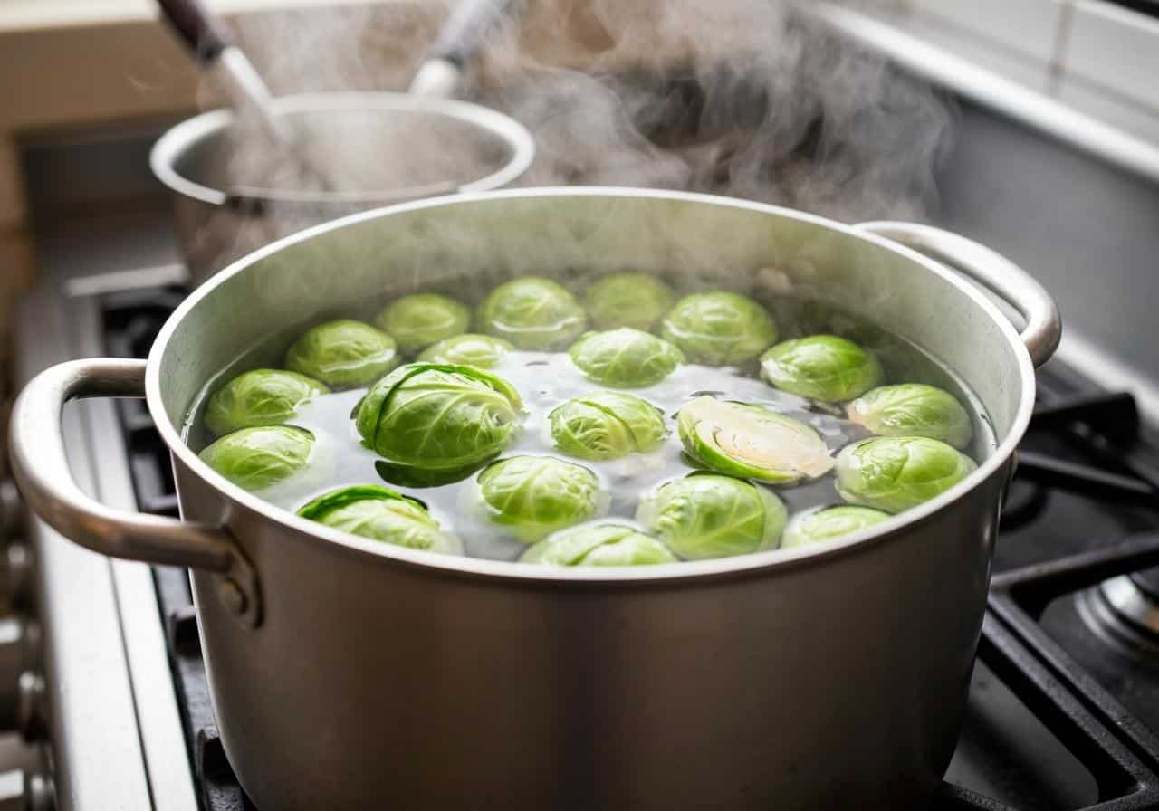 Quartiers de chou vert frisé dans eau bouillante