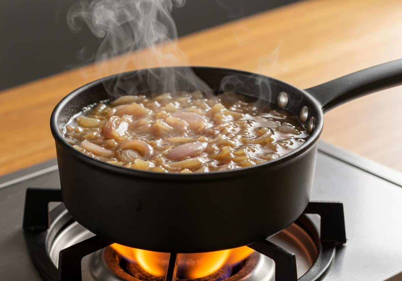 Réduction échalotes vin blanc dans petite casserole