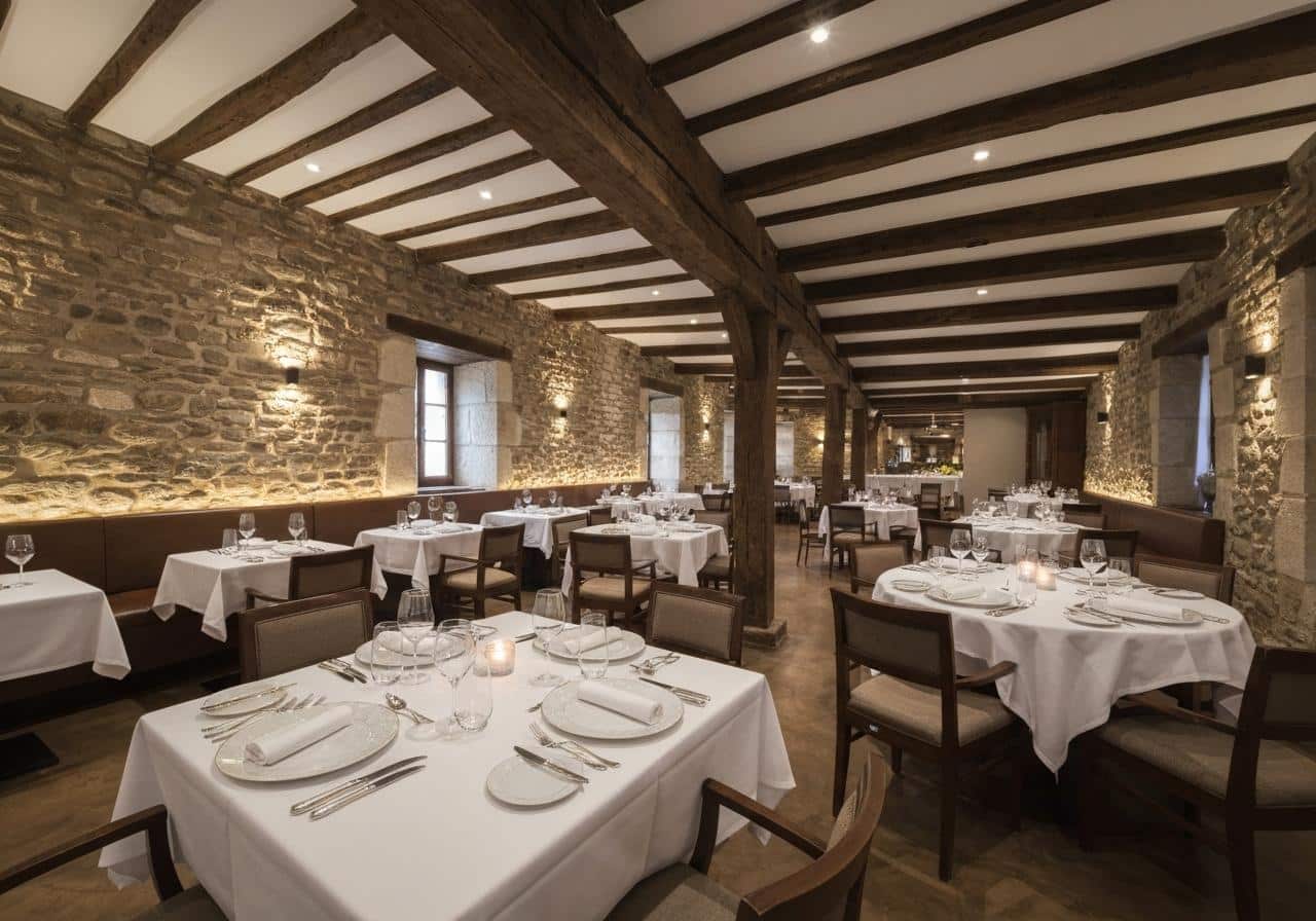 Salle de restaurant élégante en pierres et poutres apparentes