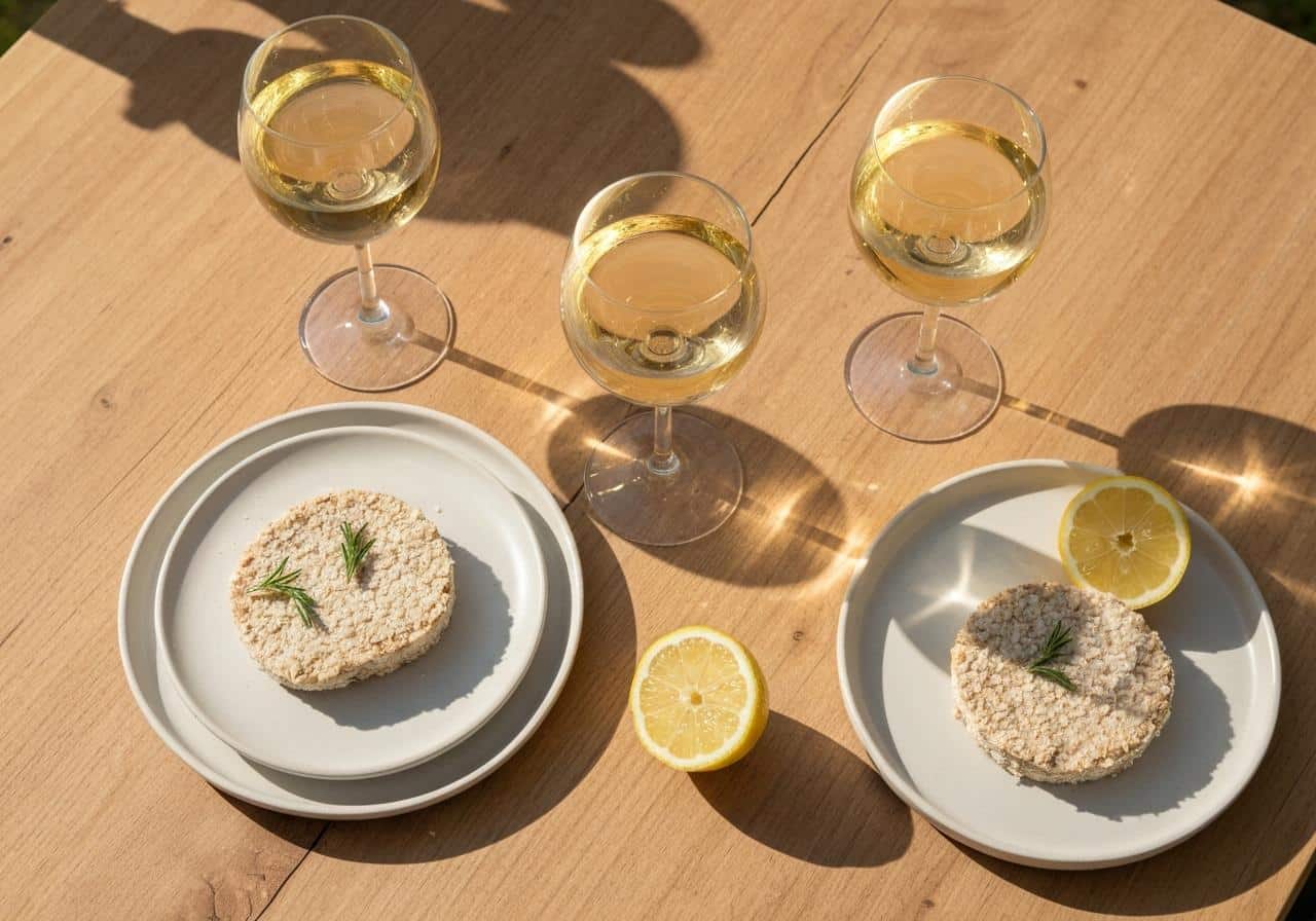Trois verres de vin blanc sec sur table en bois avec huîtres