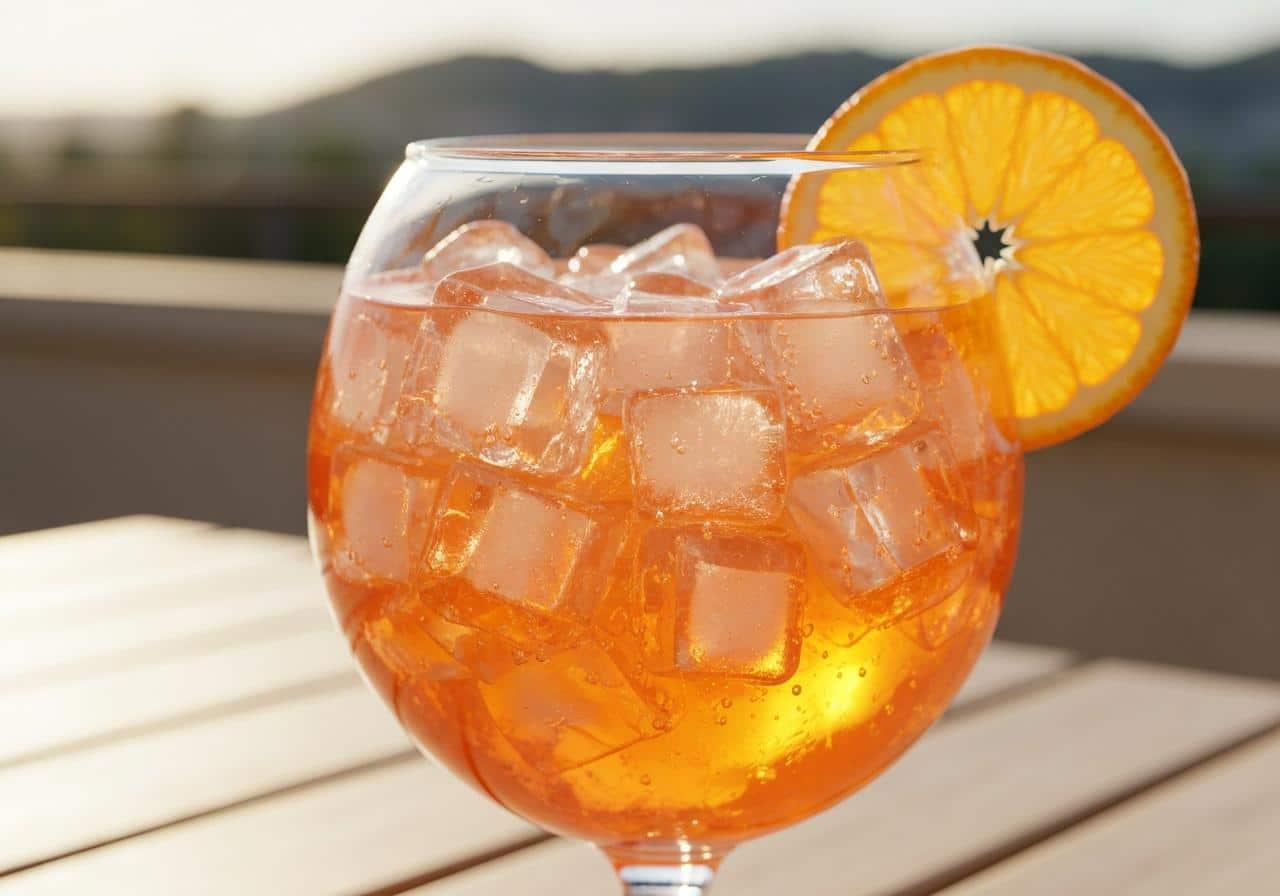 Verre de Spritz orange avec tranche d'orange et glaçons