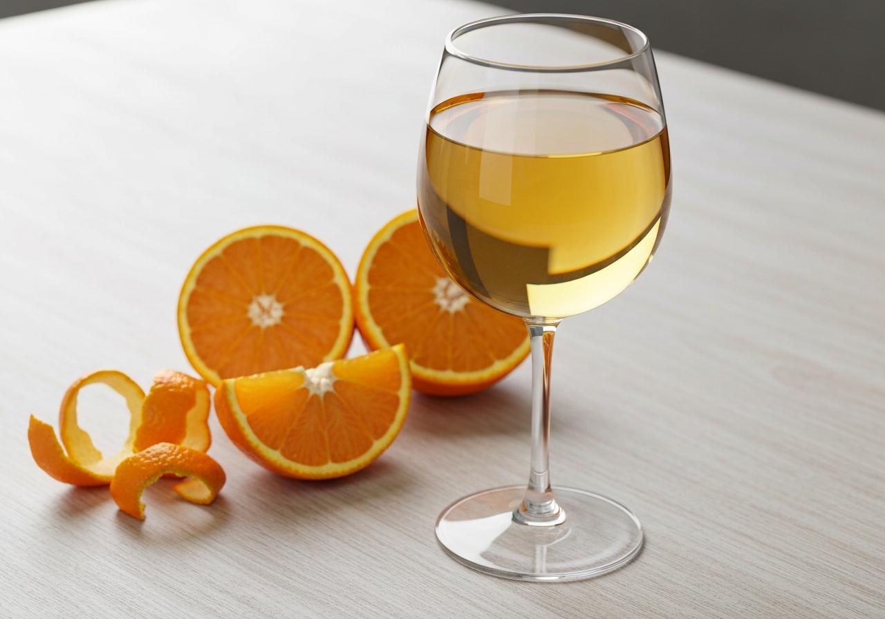 Verre de vin blanc moelleux à côté d'une orange et de zestes