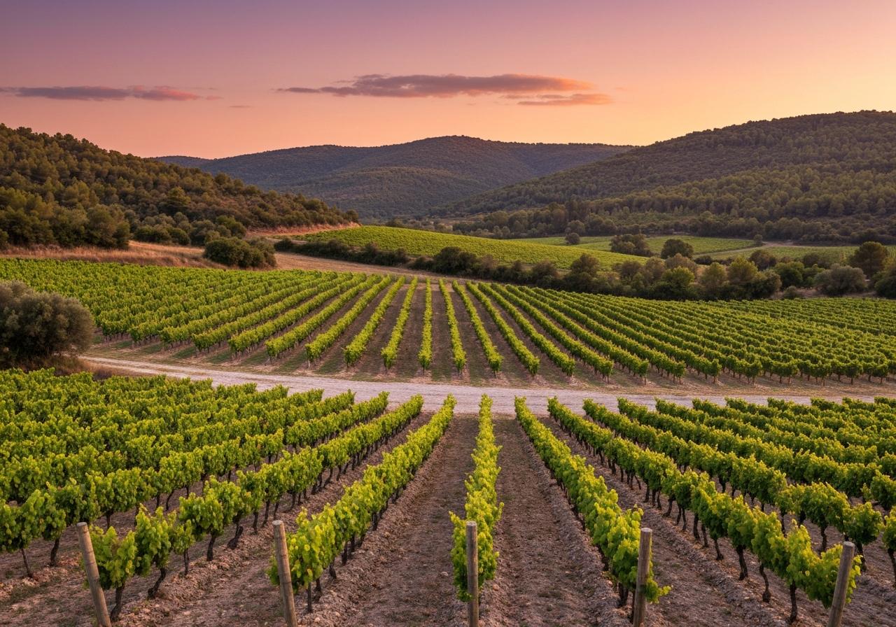 Vignoble de Provence au coucher du soleil, rangées de vignes