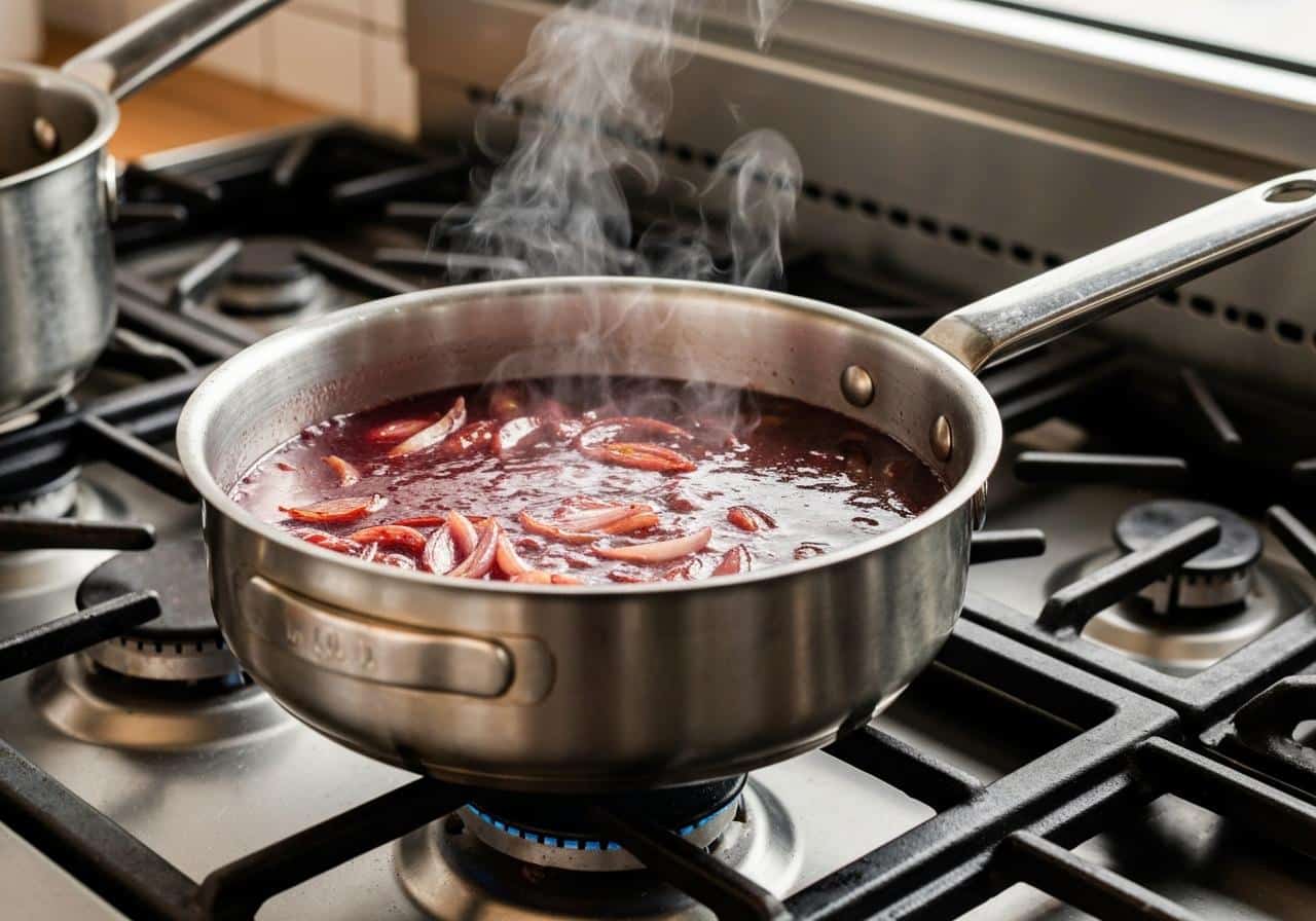 Casserole avec sauce échalote vin rouge en réduction sur feu