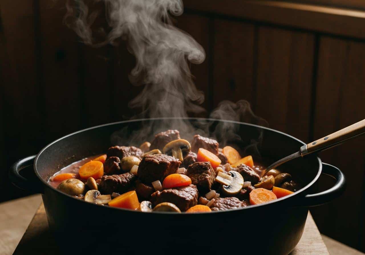 Cocotte en fonte avec bœuf bourguignon mijotant