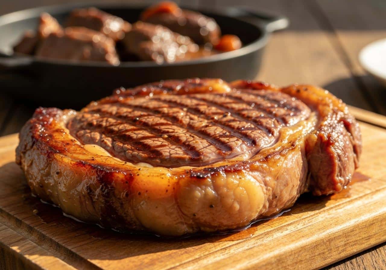 Côte de bœuf grillée sur braise, croûte caramélisée