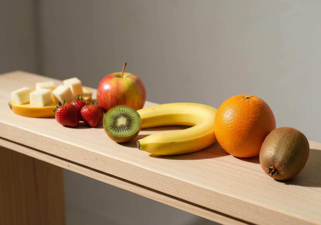 Duos de fruits frais coupés sur planche en bois