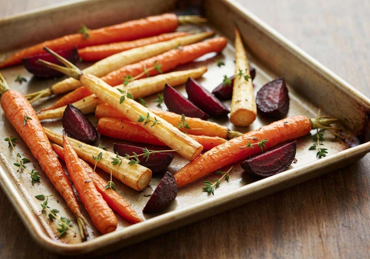 Légumes racines caramélisés sur plaque de cuisson