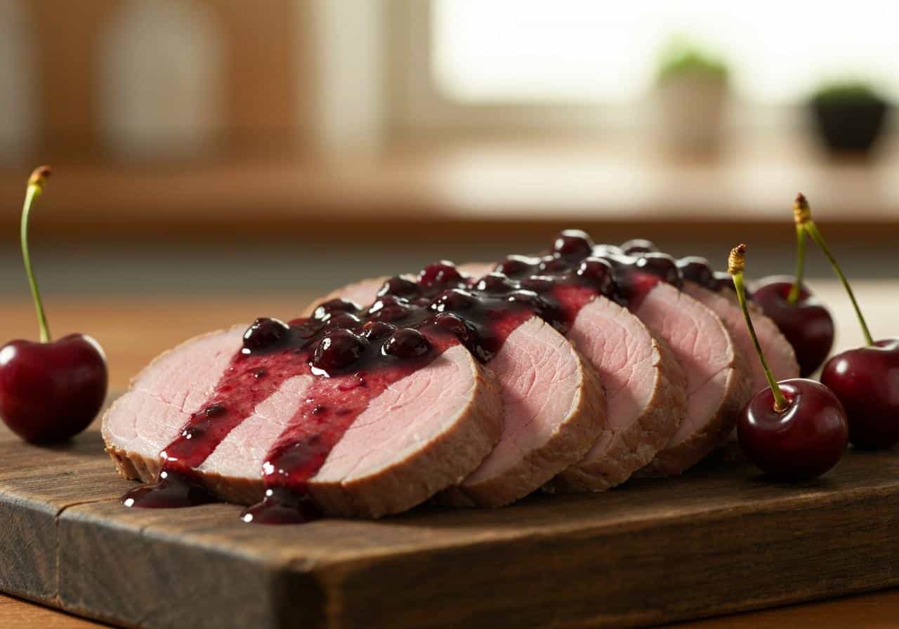 Magret de canard tranché nappé sauce cerises noires brillante