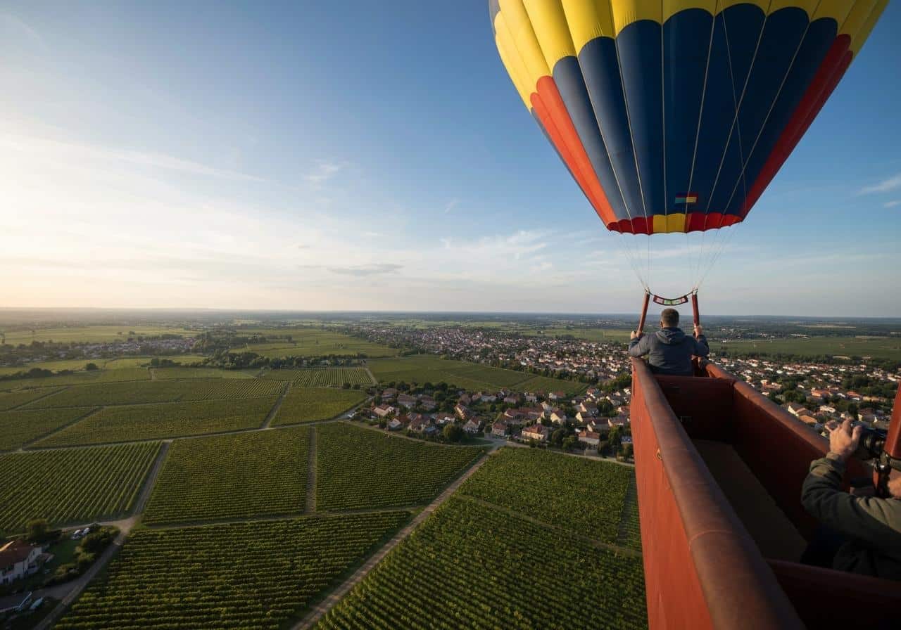 Montgolfière survolant les vignobles de Bourgogne au lever du soleil