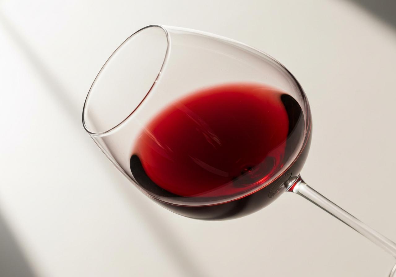 Verre de vin incliné sur fond blanc, lumière naturelle