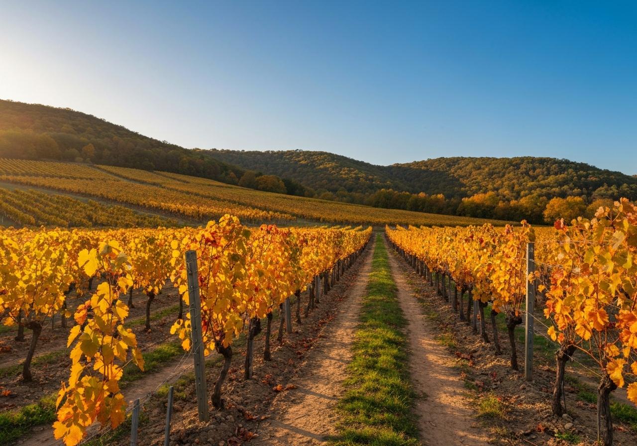 Vignoble en Bourgogne, rangées de vignes dorées à l'automne