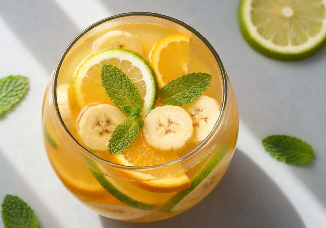 Bol à punch transparent rempli de jus colorés et de fruits frais