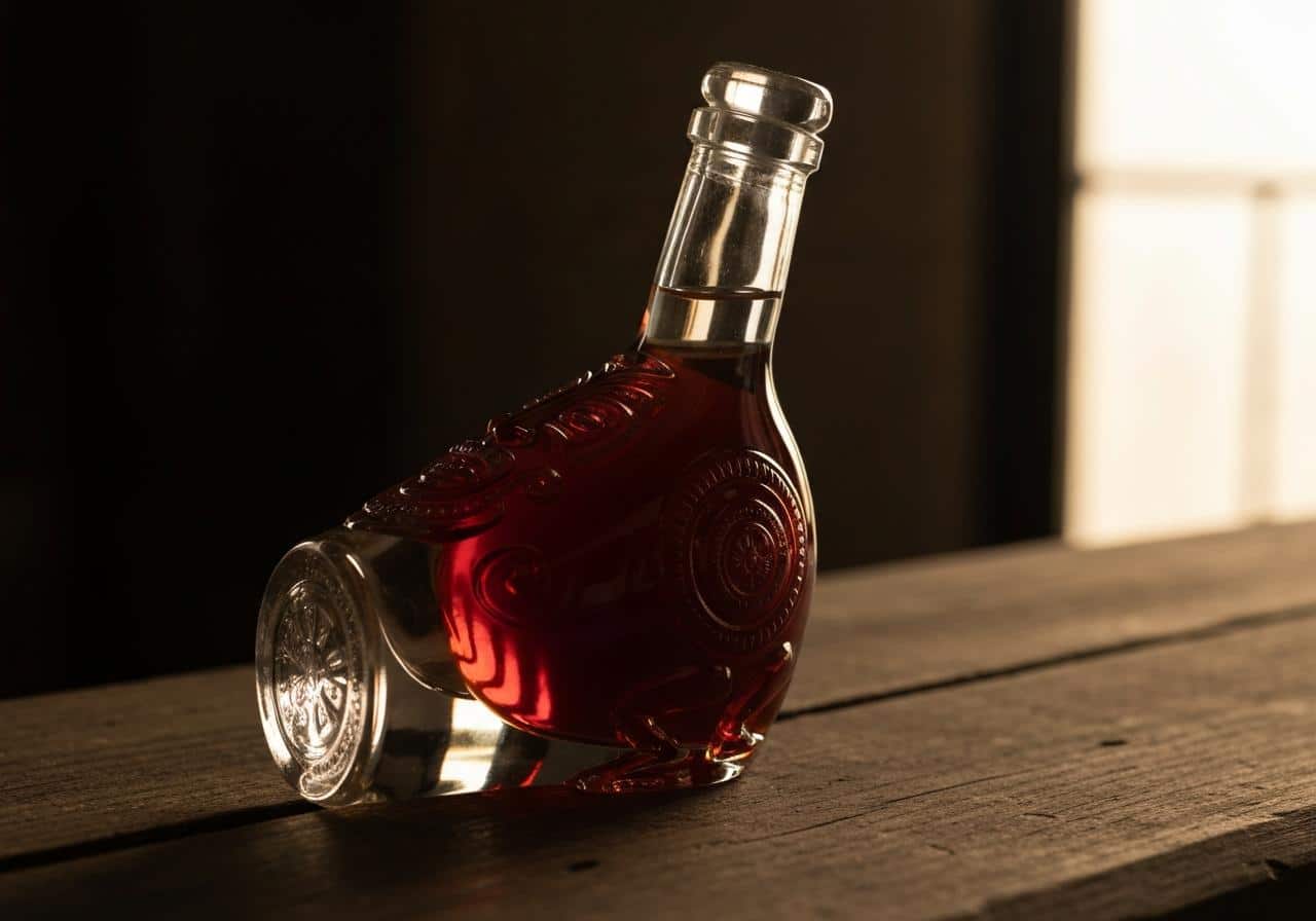 Bouteille de pisco chilien forme moaï sur fond sombre