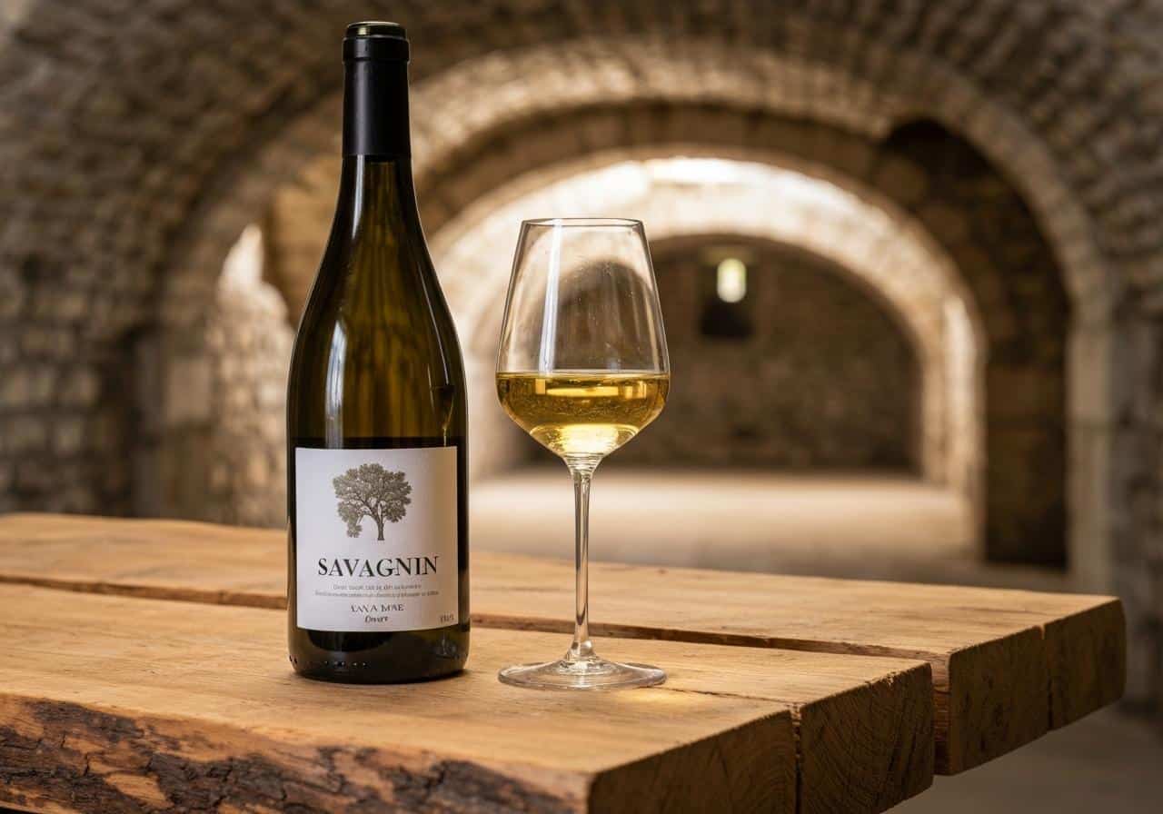 Bouteille de Savagnin du Jura et verre de vin blanc