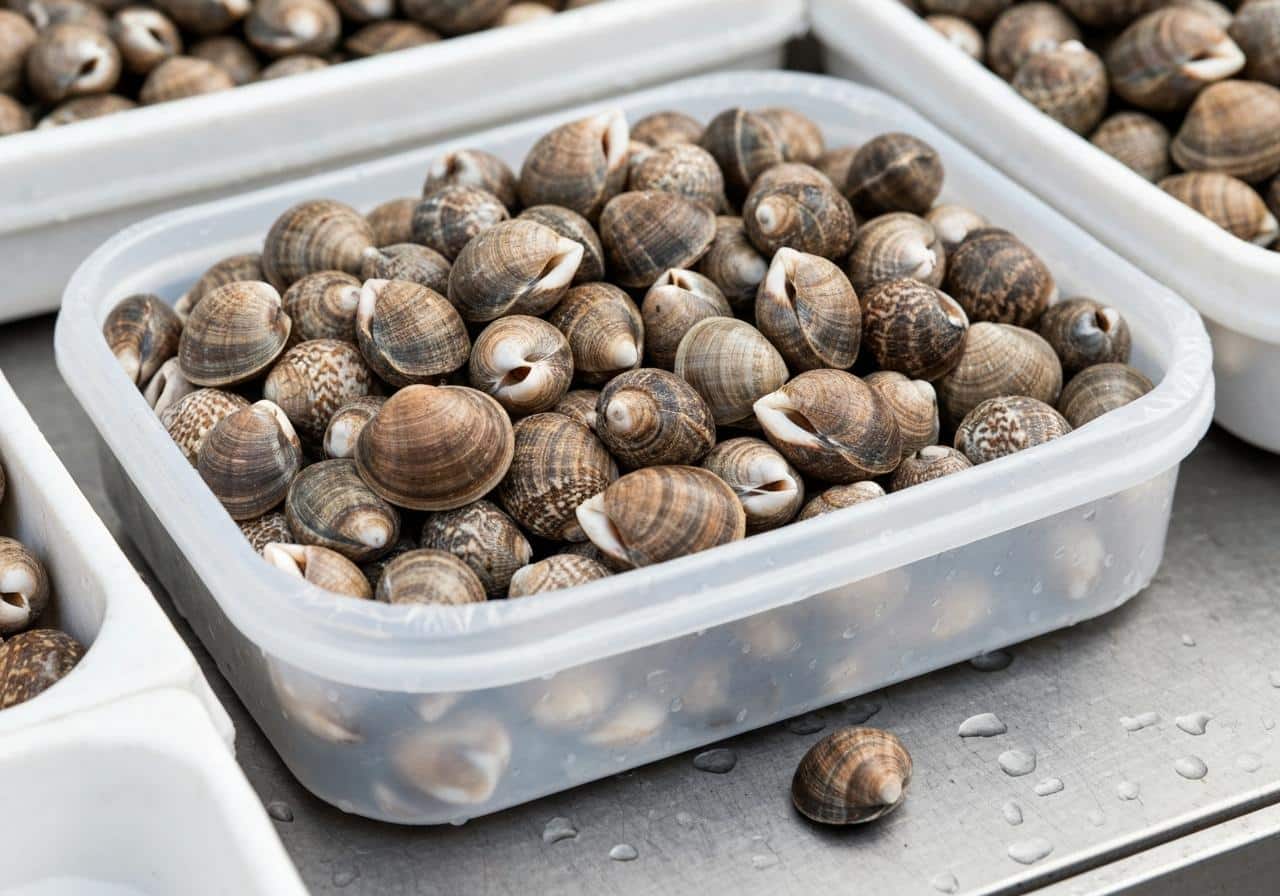 Bulots frais dans un bac sur un étal de marché