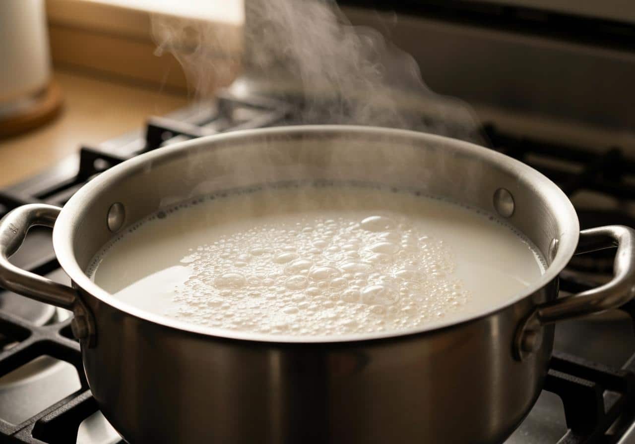 Casserole avec lait chaud frémissant sur feu moyen