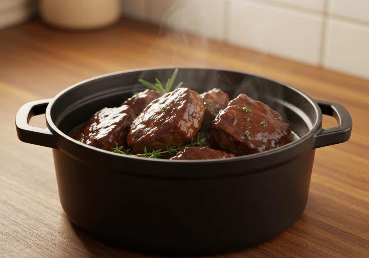 Civet de sanglier mijoté en cocotte fonte sauce foncée