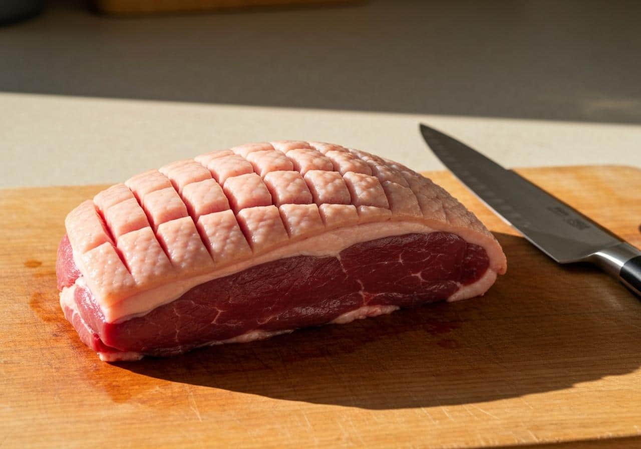 Magret de canard quadrillé côté gras sur planche à découper