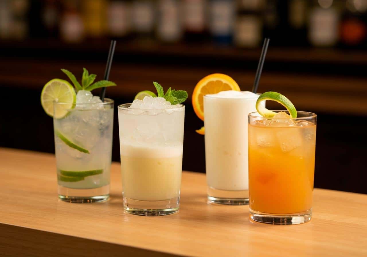Quatre cocktails au rhum blanc et jus de fruits sur fond tropical