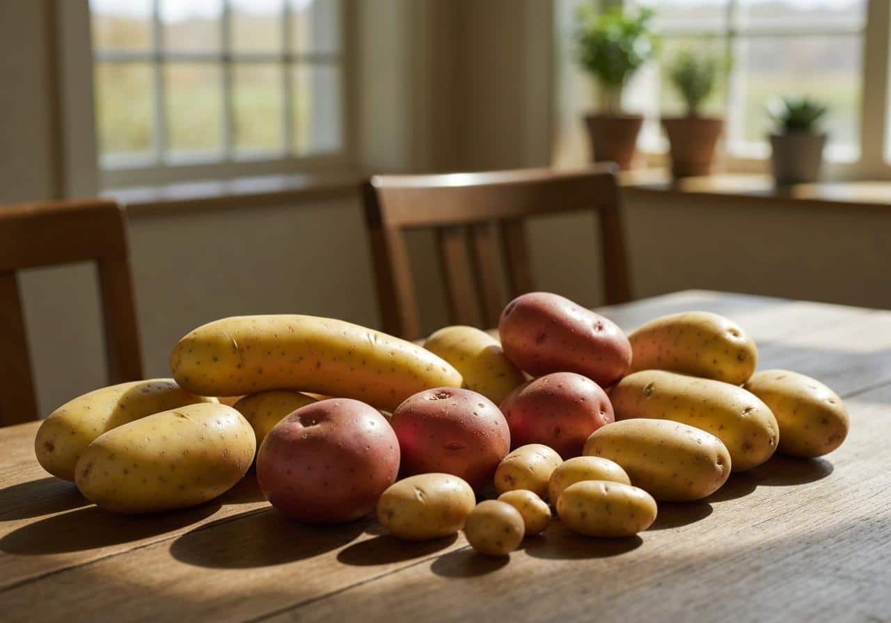 Variétés de pommes de terre alignées sur une table en bois