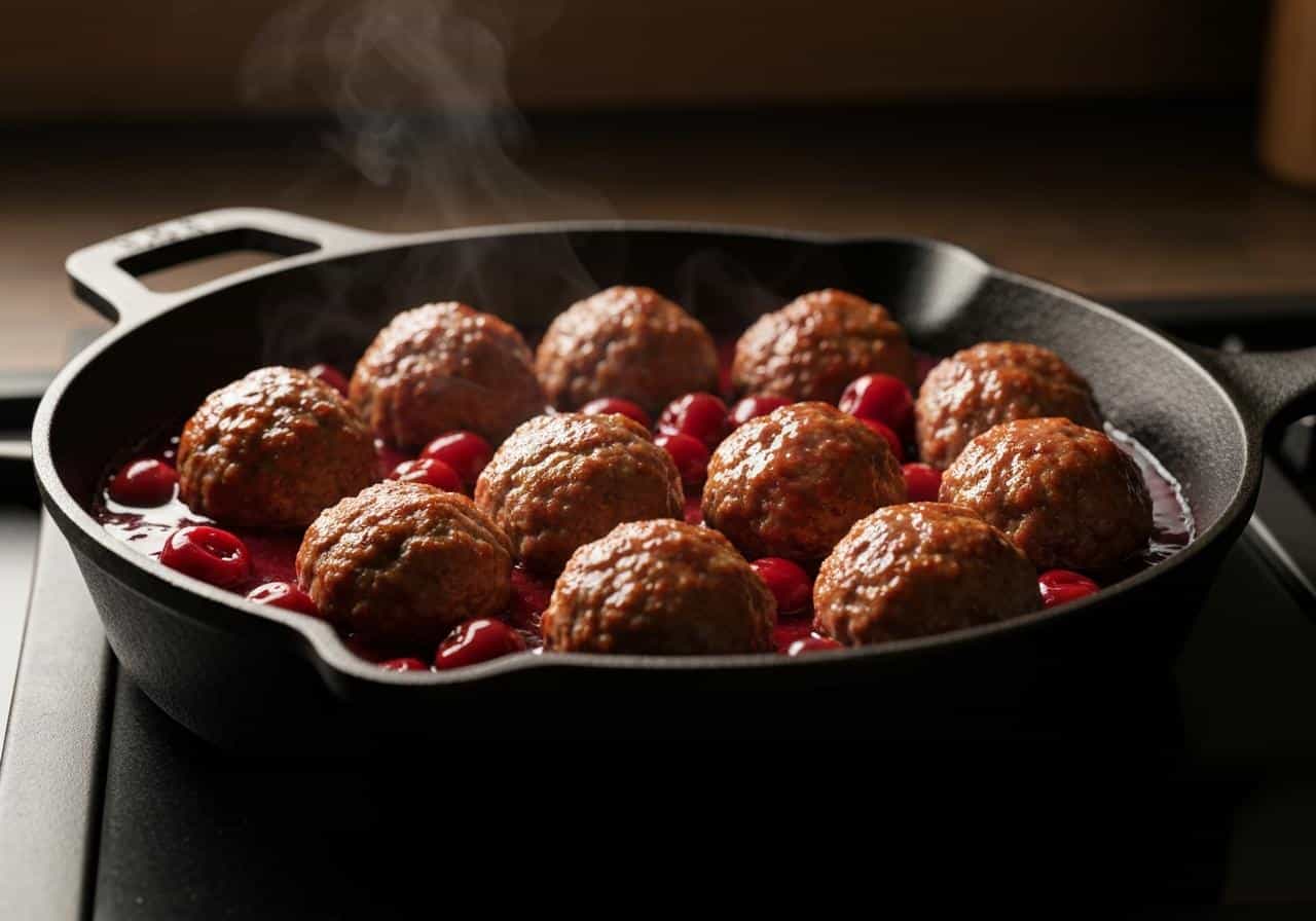 Boulettes de bœuf glacées sauce cerise dans poêle