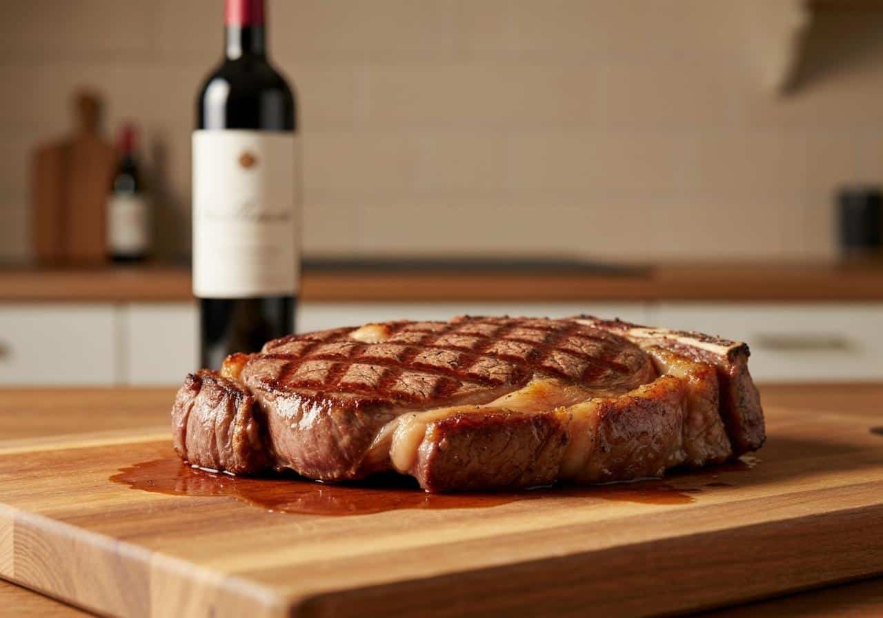 Côte de bœuf grillée avec verre de vin rouge