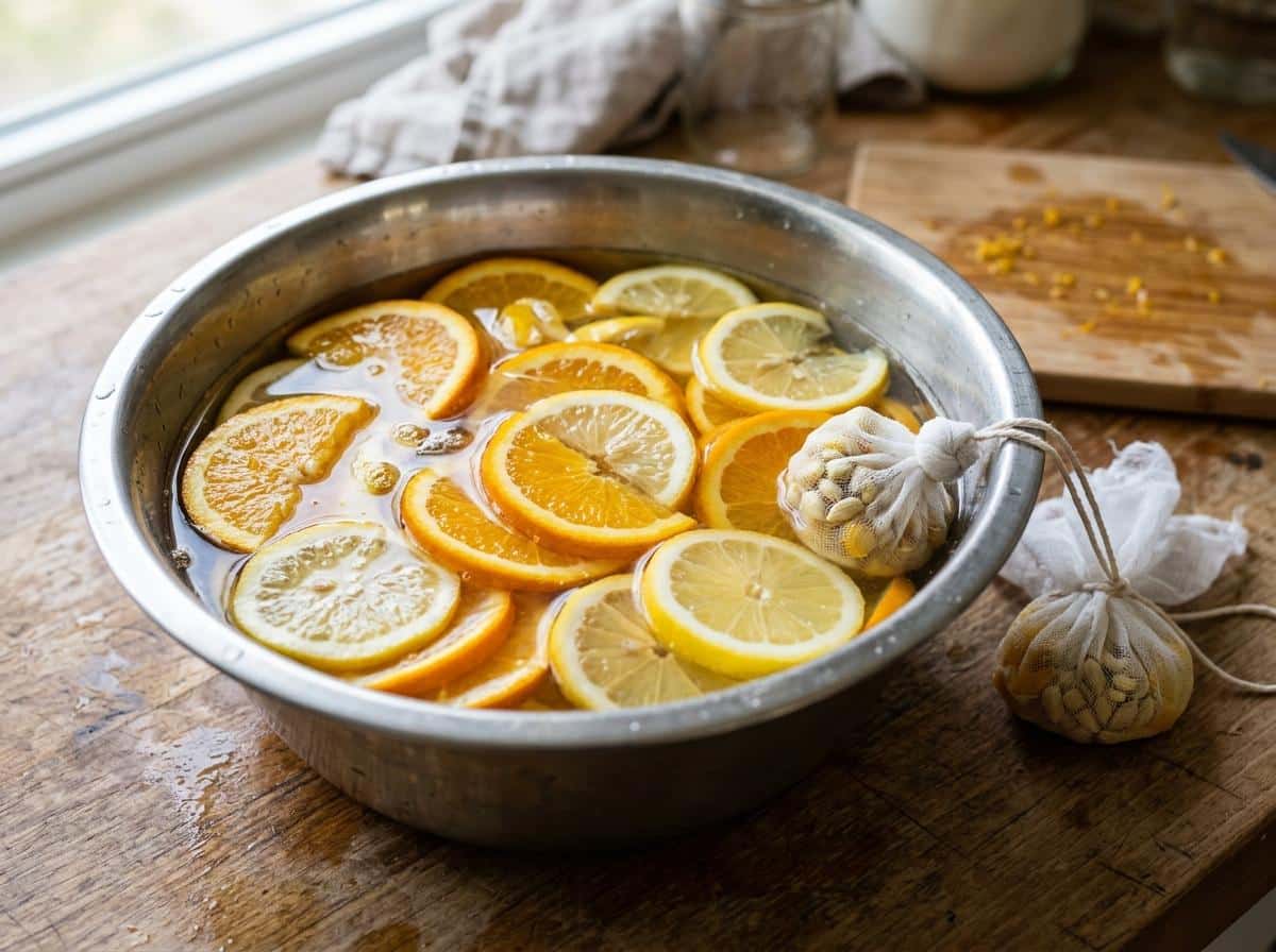 Lamelles d'orange et citron en macération dans l'eau