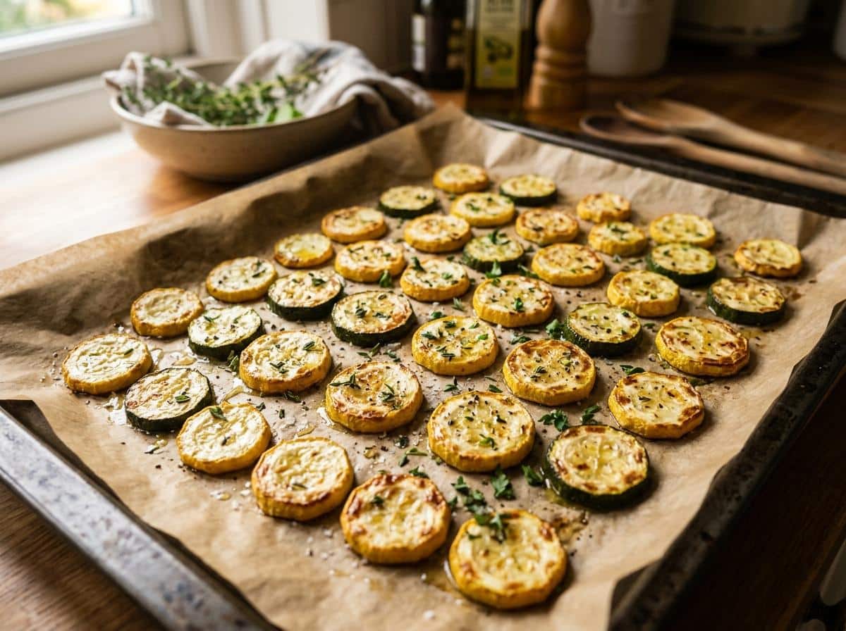 Rondelles de courgettes dorées sur plaque de four