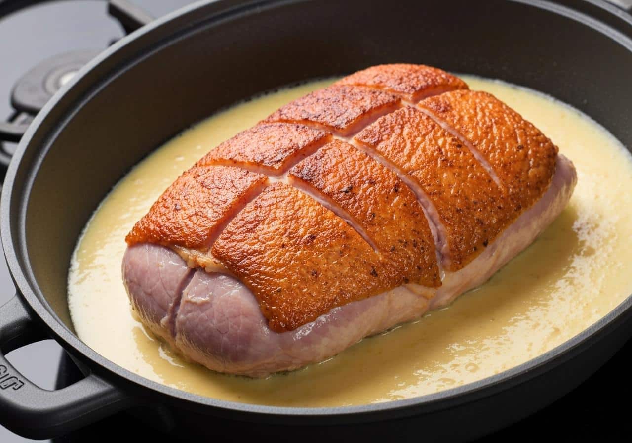 Magret de canard quadrillé dorant côté peau dans une poêle