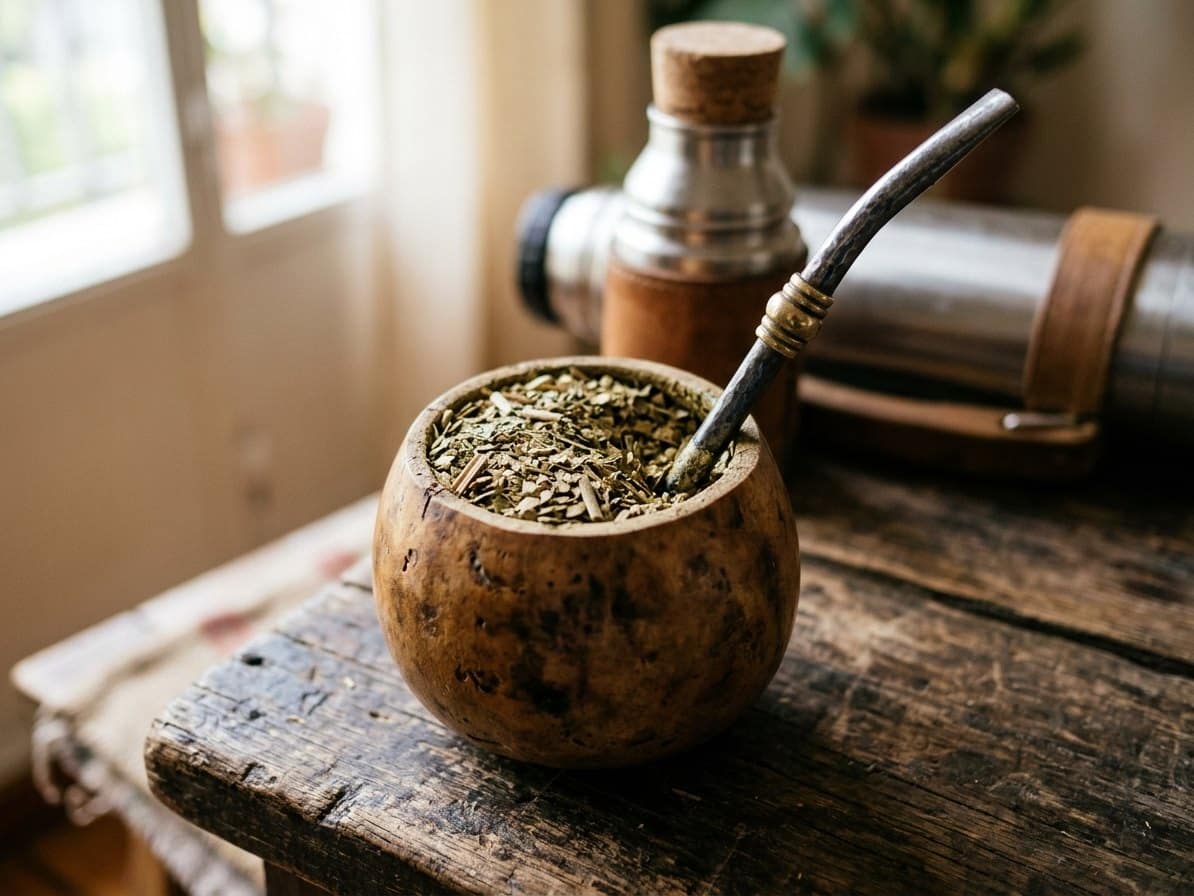 Calebasse à maté et bombilla métallique sur table en bois