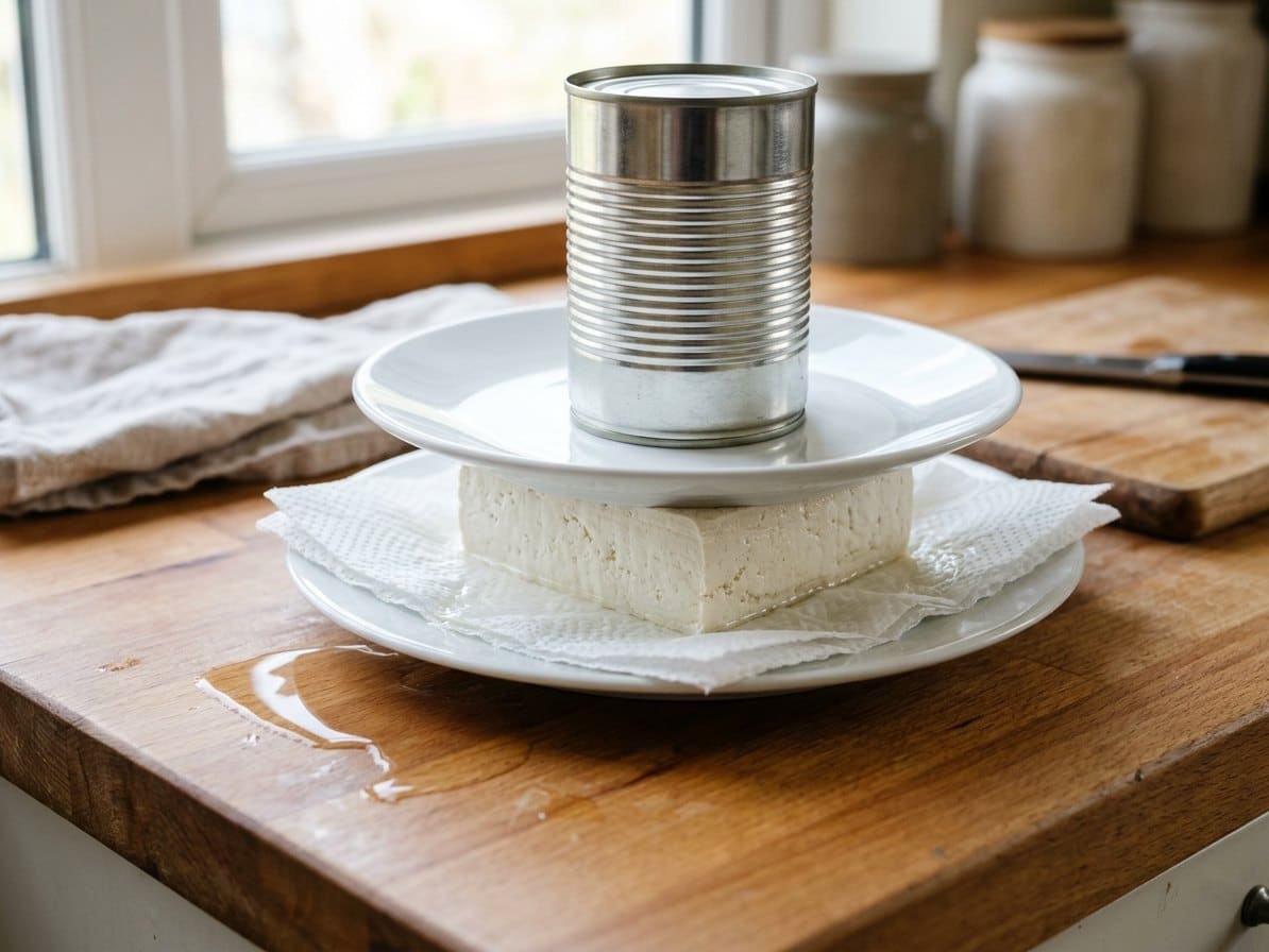 Bloc de tofu pressé entre deux assiettes avec poids