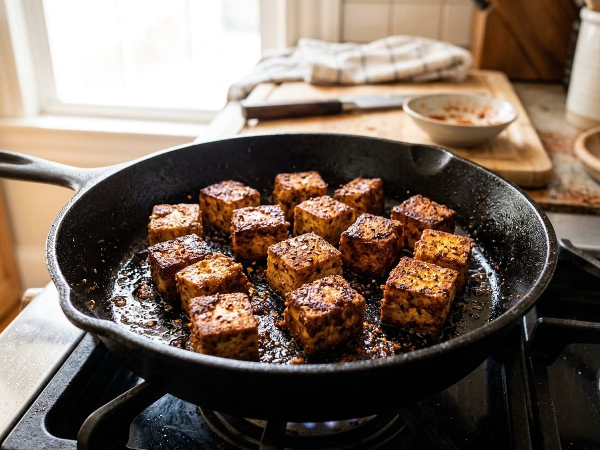 Cubes de tofu ferme marinés saisis à la poêle avec une croûte dorée