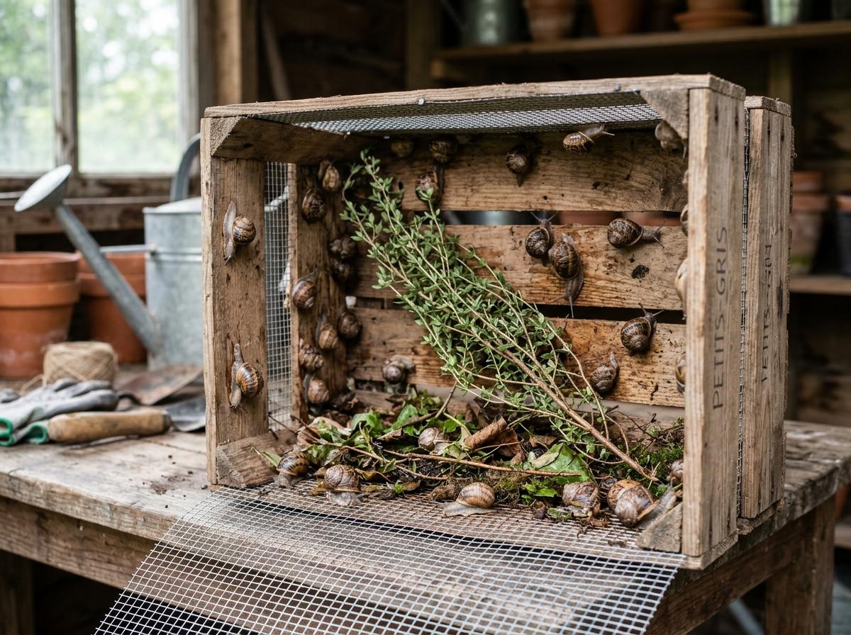 Caisse en bois aérée recouverte de grillage fin