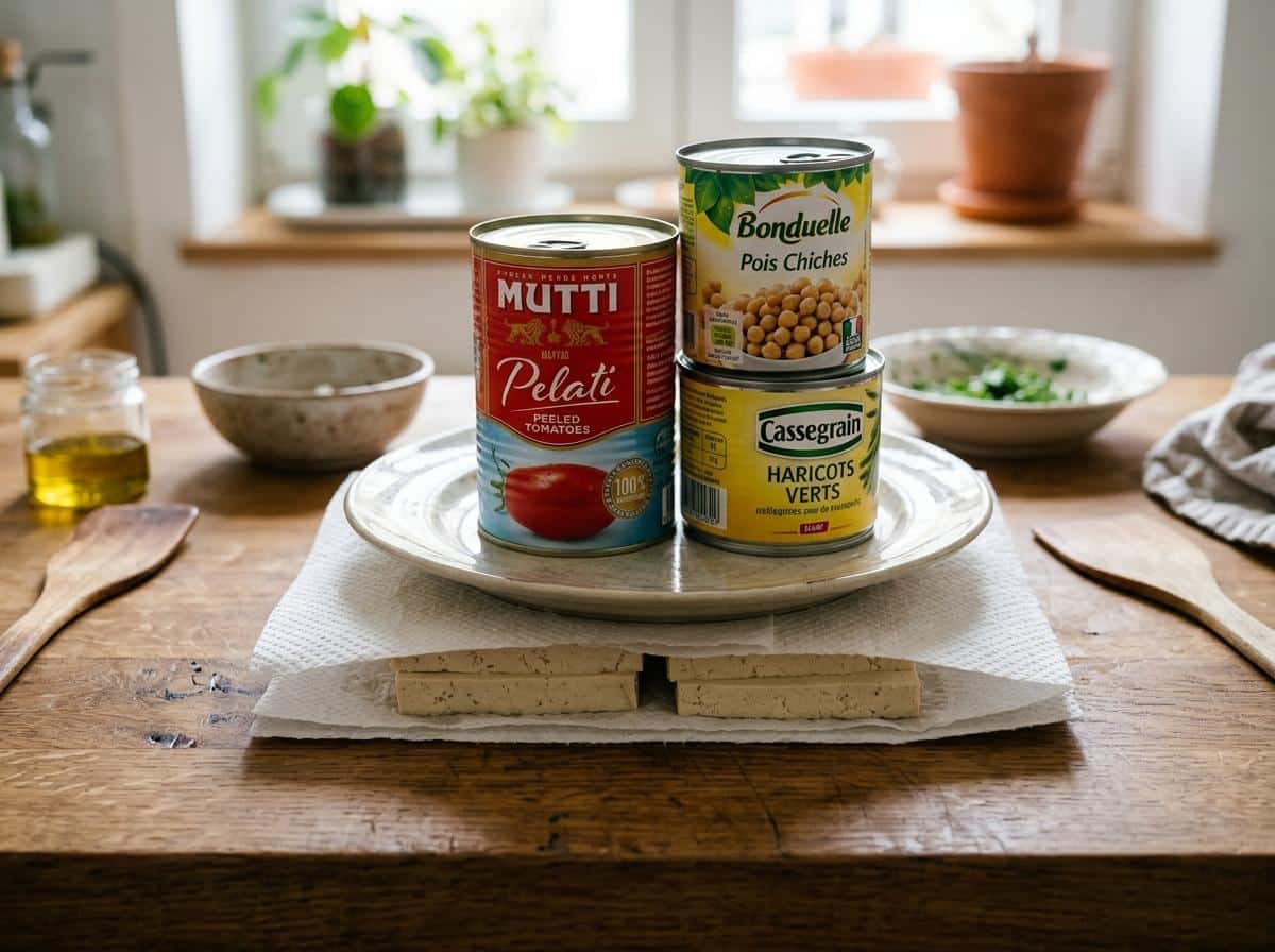 Tranches de tofu pressées entre papier absorbant sous un poids