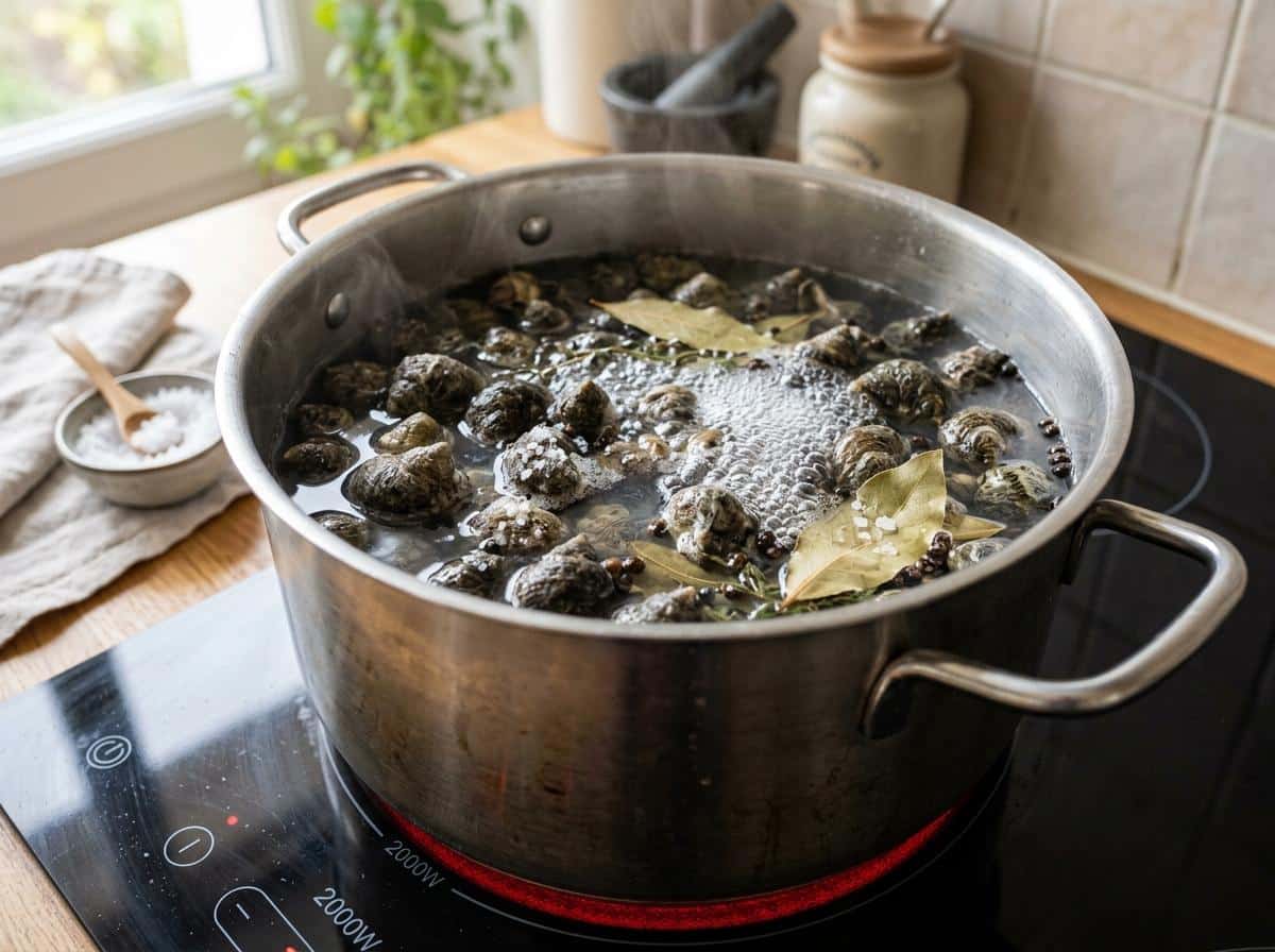 Casserole de bigorneaux dans l'eau salée avant ébullition