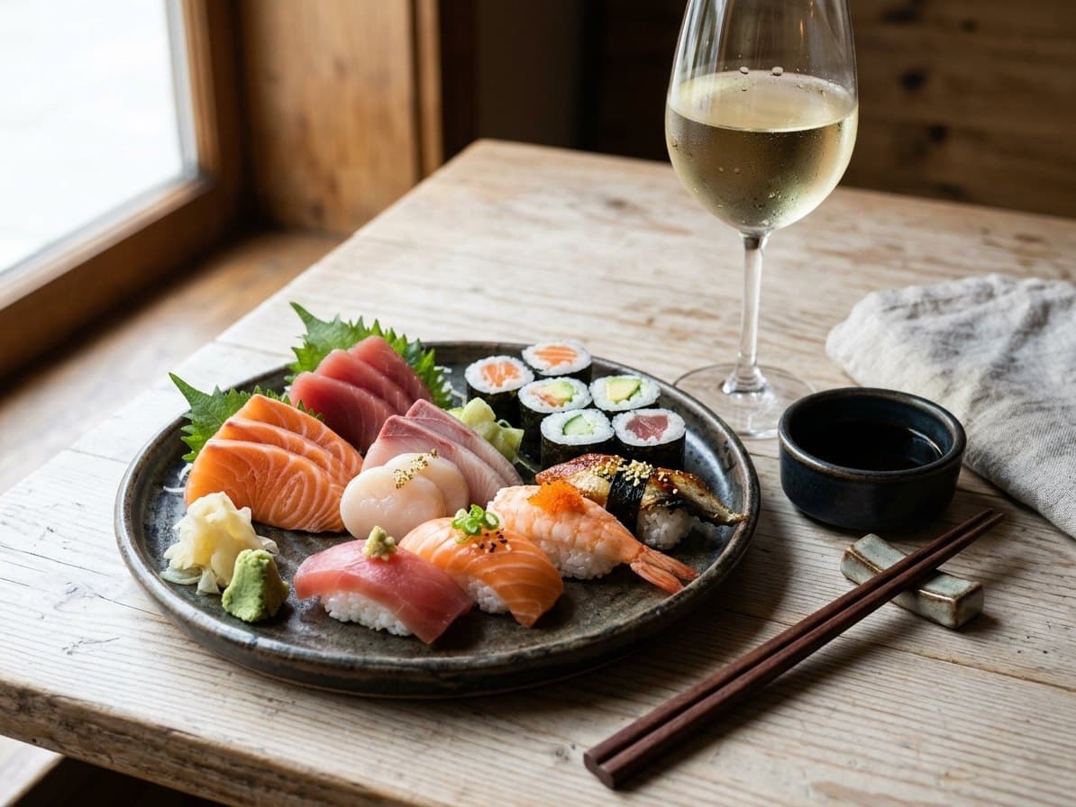 Assortiment de sushis et verre de vin blanc